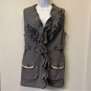 Anthropologie Aunt Wanda Ruffle Wool Vest Gray Rosette Trim Size Large